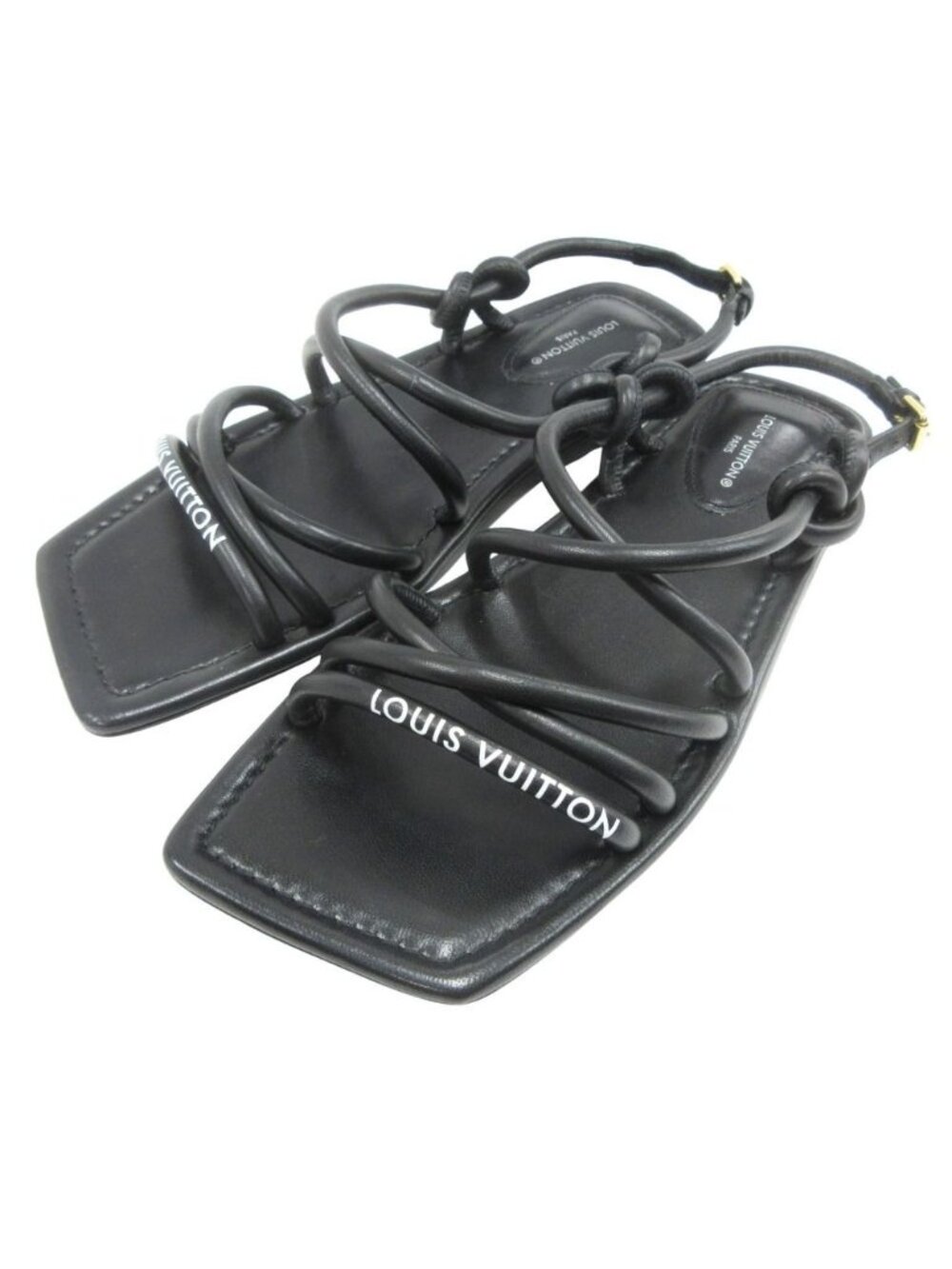 Louis Vuitton Logo Flat Strap Sandals Shoes Leather Gold 35.5 Black